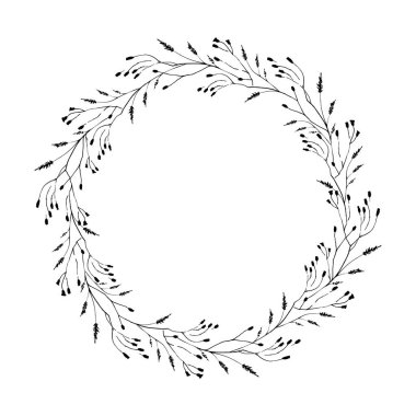 Çiçek arkaplan. Botanik vektör çerçevesi. Elle çizilmiş çerçeve bırakır. Çiçek desenli zarif bir çelenk. Çizgi çizme vektör dalları, bitkiler, bitkiler. Yaprak logosu. Düğün davetiyesi sabit. 