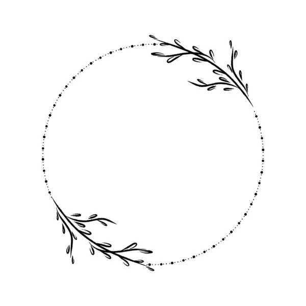 Botanisch vectorframe. Bloemen achtergrond. Bladeren met de hand getekend frame. Delicate bloemen krans illustratie. Lijntekening vectortakken, planten, kruiden. Bladlogo. Huwelijksuitnodiging stationair — Stockvector