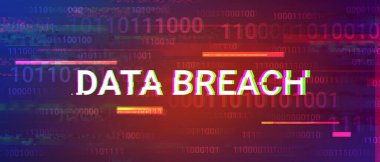 Data breach glitchy style words on abstract binary code background. Internet crime, privacy problem concept clipart