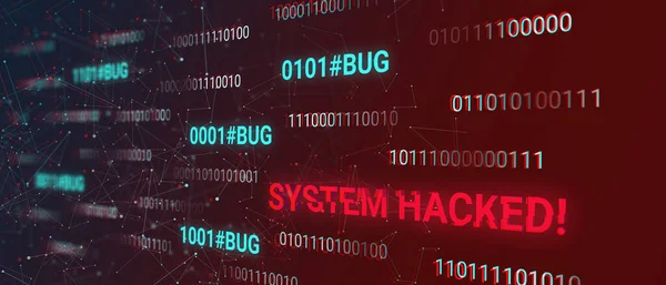 Hacklenmiş sistem kavramı. Arızalı fütüristik stil, hata kelimeleriyle ikili kod - sonuç olarak hacklenen veri