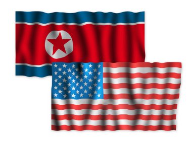 ABD ve Kuzey Kore. Beyaz arka plan üzerinde birlikte Amerika Birleşik Devletleri ve Kuzey Kore bayrakları sallayarak