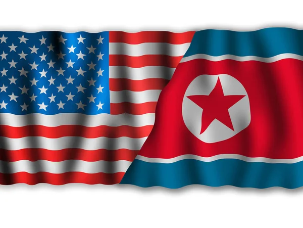 USA and North Korea. Waving flags of the United States of America and North Korea together on white background