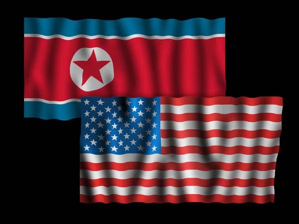 アメリカと北朝鮮 劇的な黒い背景に一緒にアメリカと北朝鮮の旗を振る — ストック写真