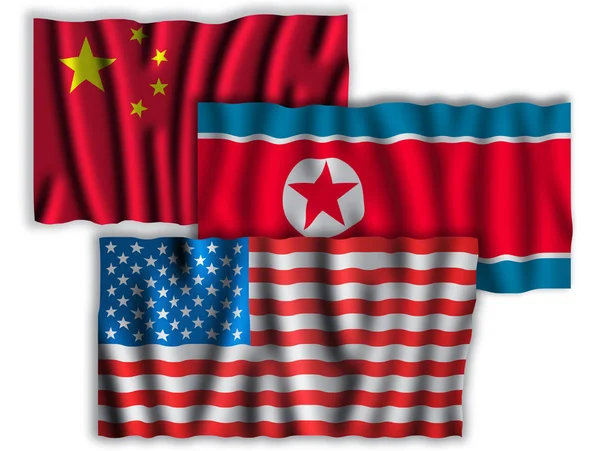 Bandeiras Dos Eua China Coreia Norte Acenando Bandeiras Dos Estados — Fotografia de Stock