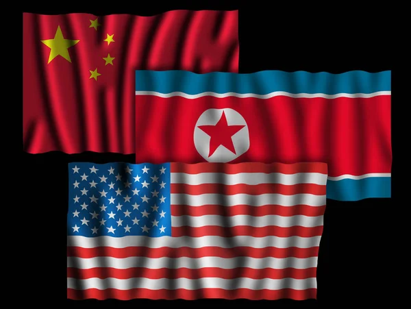 USA , China and North Korea flags. Waving flags of the United States of America, China and North Korea together on dramatic black background
