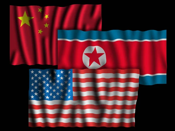 Usa China North Korea Flags Waving Flags United States America — Stock Photo, Image