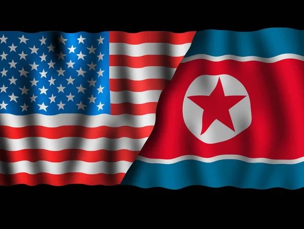 USA and North Korea. Waving flags of the United States of America and North Korea together on dramatic black background