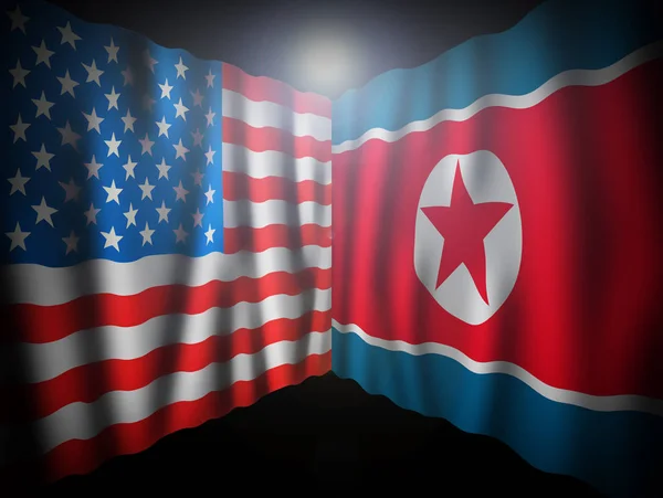Usa Severní Korea Mávali Vlajkami Perspektivy Spojené Státy Severní Korea — Stock fotografie