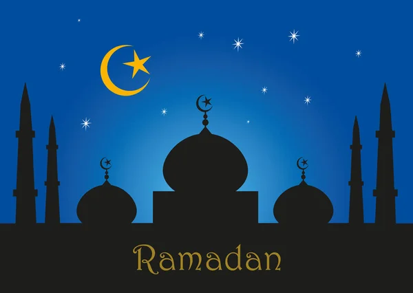 Ramadan kareem greeting illustration with minarets and mosques in silhouette against a night blue sky with stars