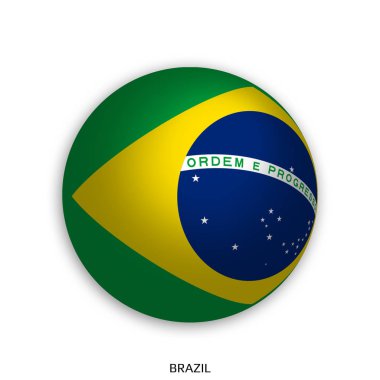 Futbol Dünya Şampiyonası futbol topu - yuvarlak yapılan Brezilya bayrağı ile alt gölge ve beyaz arka plan üzerinde izole