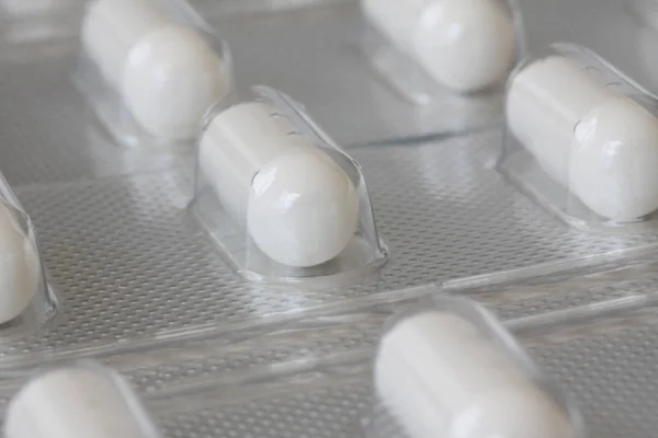 Pastillas Blancas Blister Plástico Extremo Primer Plano — Foto de Stock
