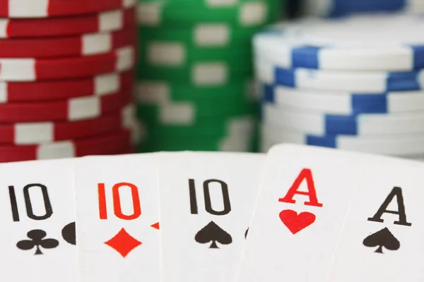 Poker Chips Kaarten Full House Met Aas Nauwe Opdagen — Stockfoto