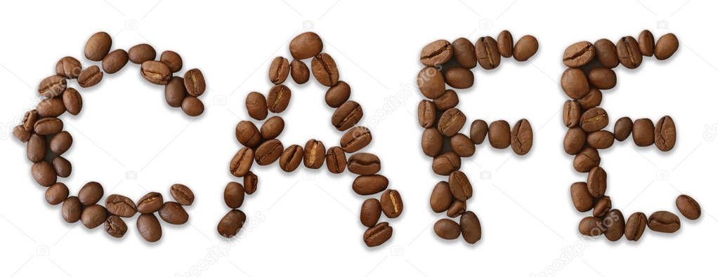 Cafe word made of coffee beans on white background - close up concept