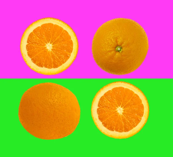 Segmenten Van Oranje Fruit Geïsoleerd Kleurrijke Paarse Groene Pastel Achtergrond — Stockfoto