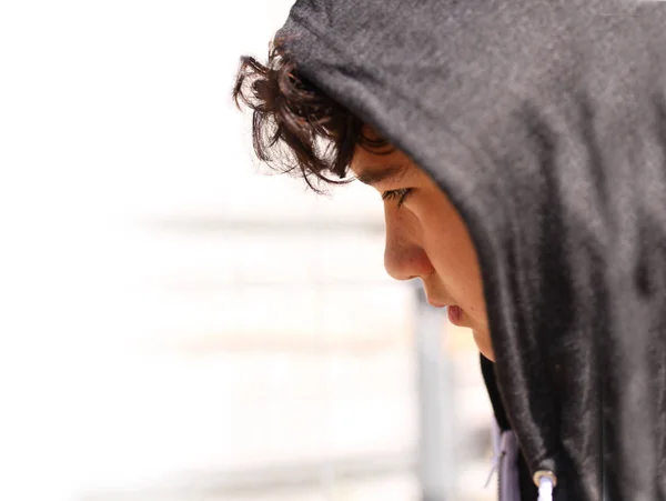 Sad Troubled School Boy Teenager Wearing Hoodie Posing Thinking His — Stock Photo, Image