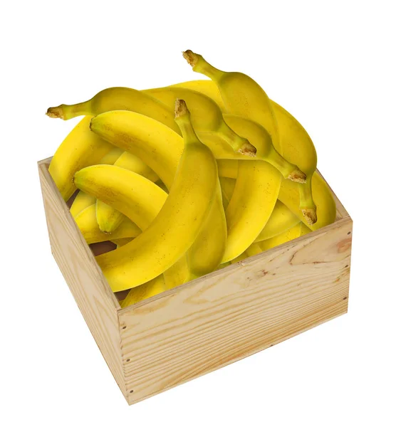 Caixa Madeira Preenchida Com Fruta Banana Colagem Isolada Fundo Branco — Fotografia de Stock
