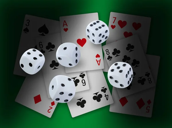 Gamble Dices Rolling Different Playing Cards Clubs Diamonds Hearts Spades — Stock Photo, Image