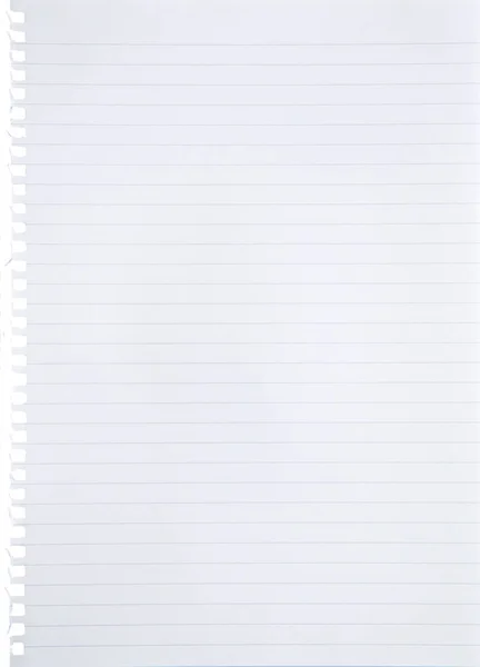 Blank lined white paper sheet torn out from notebook background with blue lines, margin and holes with copy space - isolated on white