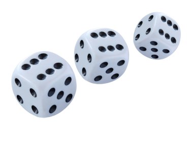 Üç dices, beyaz bir craps oyun atılmış, poker veya herhangi bir şey zar oyunu izole beyaz arka plan üzerinde 