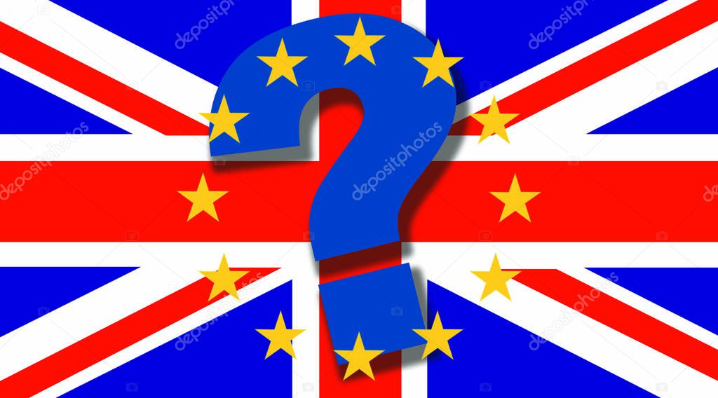 British flag with big question mark and EU stars on top - Brexit concept - UK and England economy after Brexit