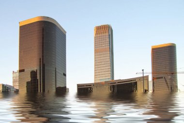 Sular altında dijital manipülasyon yeni modern yüksek katlı binalar inşa. İklim değişikliği kavramı - Görüntü