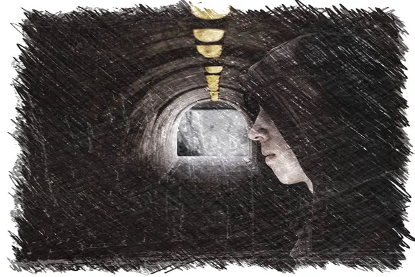 Pojke Med Huva Stående Mörk Underjordisk Passage Med Gula Glödlampor — Stockfoto