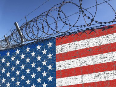 Duvar üzerinde Meksika sorunları göç gösteren üstüne yırtık Amerikan bayrağı ve dikenli tel çelik ile. Kavram görüntüsü.