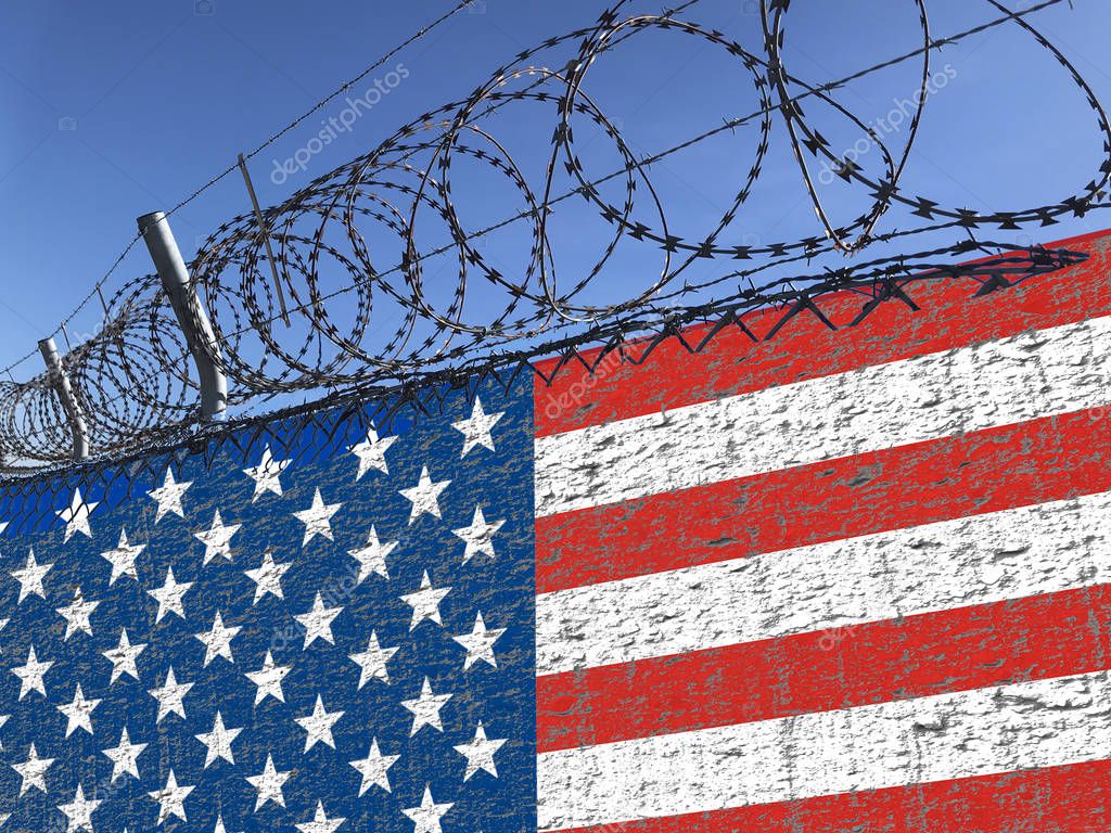 Wall with ragged American flag and barbed wire steel on top illustrating the immigration from Mexico issues. Concept image.