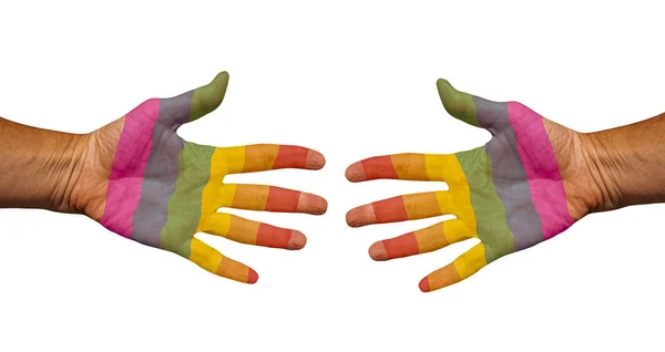 Lgbtq虹の旗の色で描かれた2つの手は 握手のために互いに手を差し伸べます 白い背景に隔離されています レズビアン トランスジェンダー バイセクシャル クィア — ストック写真