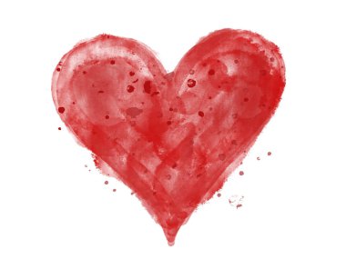 Beyaz arka plan üzerinde izole lekeler ile suluboya fırça boyama kırmızı kalp
