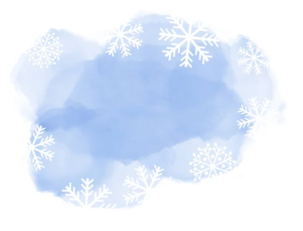 Abstraktní Zimní Krajina Světle Modré Akvarelové Skvrny Sněhové Vločky Bílém — Stock fotografie