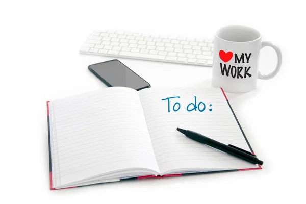 Love Work Concept Lined Note Pad Computer Keyboard Mobile Phone — Φωτογραφία Αρχείου