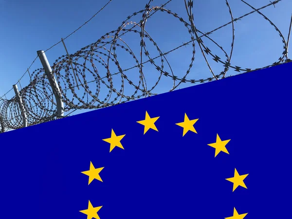 Drut Kolczasty Ścianie Wykonany Flagi Unii Europejskiej Kontrola Graniczna Imigracja — Zdjęcie stockowe