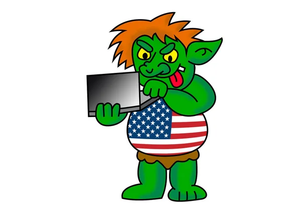 Amerikas Internet Troll Lustige Cartoon Illustration Eines Grünen Computerhackers Mit — Stockfoto