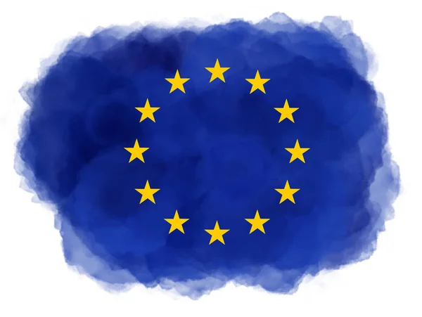 Niebieski Akwarelowy Plusk Okręgiem Żółtych Gwiazd Flagi Unii Europejskiej Odizolowanej — Zdjęcie stockowe
