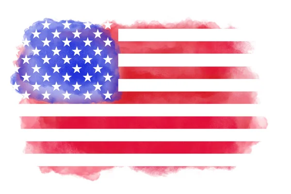 Salpicadura Acuarela Roja Con Estrellas Rayas Bandera Estadounidense Aisladas Sobre — Foto de Stock