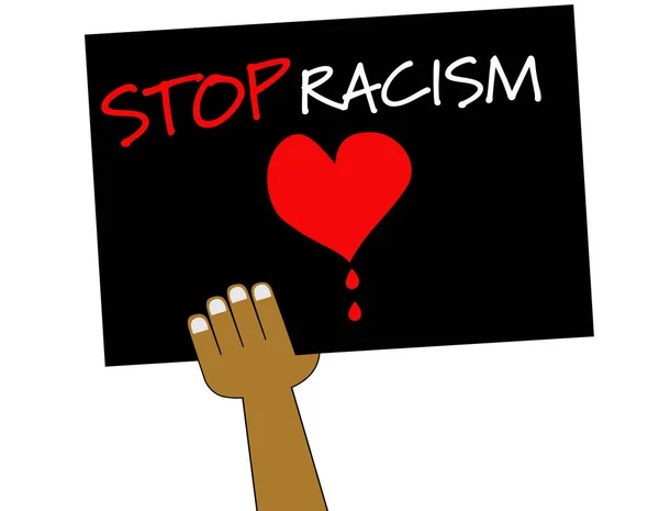 Ręka Trzyma Tablicę Napisem Stop Rasizmowi Krople Krwi Czerwonego Serca — Zdjęcie stockowe