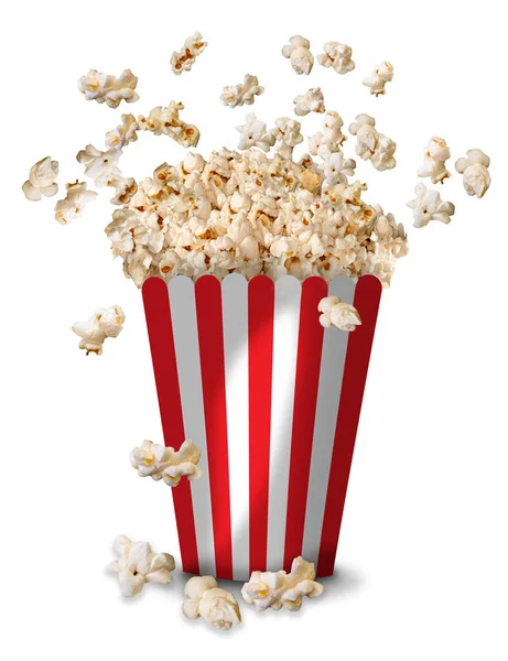 A tall classic box of theater popcorn popping up and scattered around on white background. The box is colored in red and white stripes.