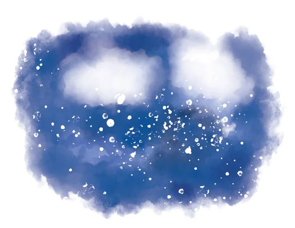 水彩画は抽象的な濃い青の冬の風景を雪の結晶と白い雲で描いた コピースペース付き コンピュータ生成画像 — ストック写真