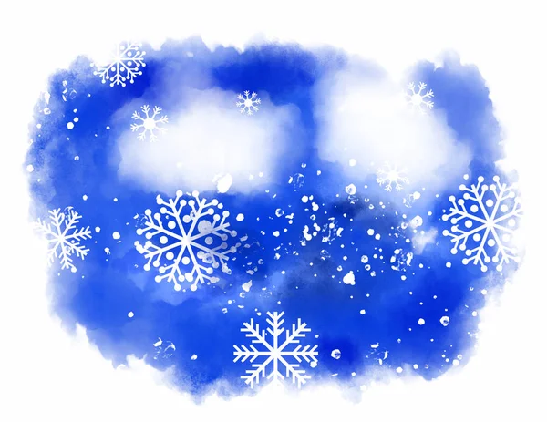 Aquarel Geschilderd Abstract Donkerblauw Winterlandschap Met Sneeuwvlokken Witte Wolken Sneeuwkristallen — Stockfoto