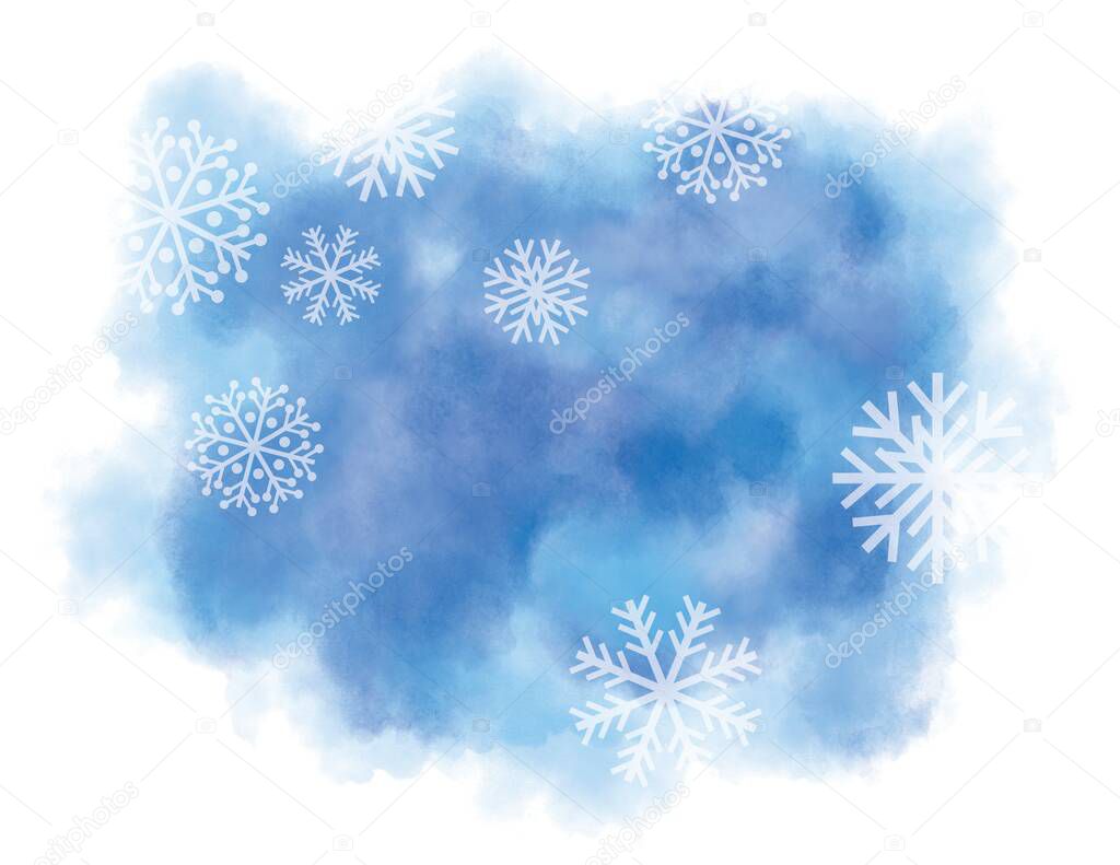Watercolor painted abstract winter landscape in blue colors with snow flakes and snow crystals. With copy space. Computer generated image. 