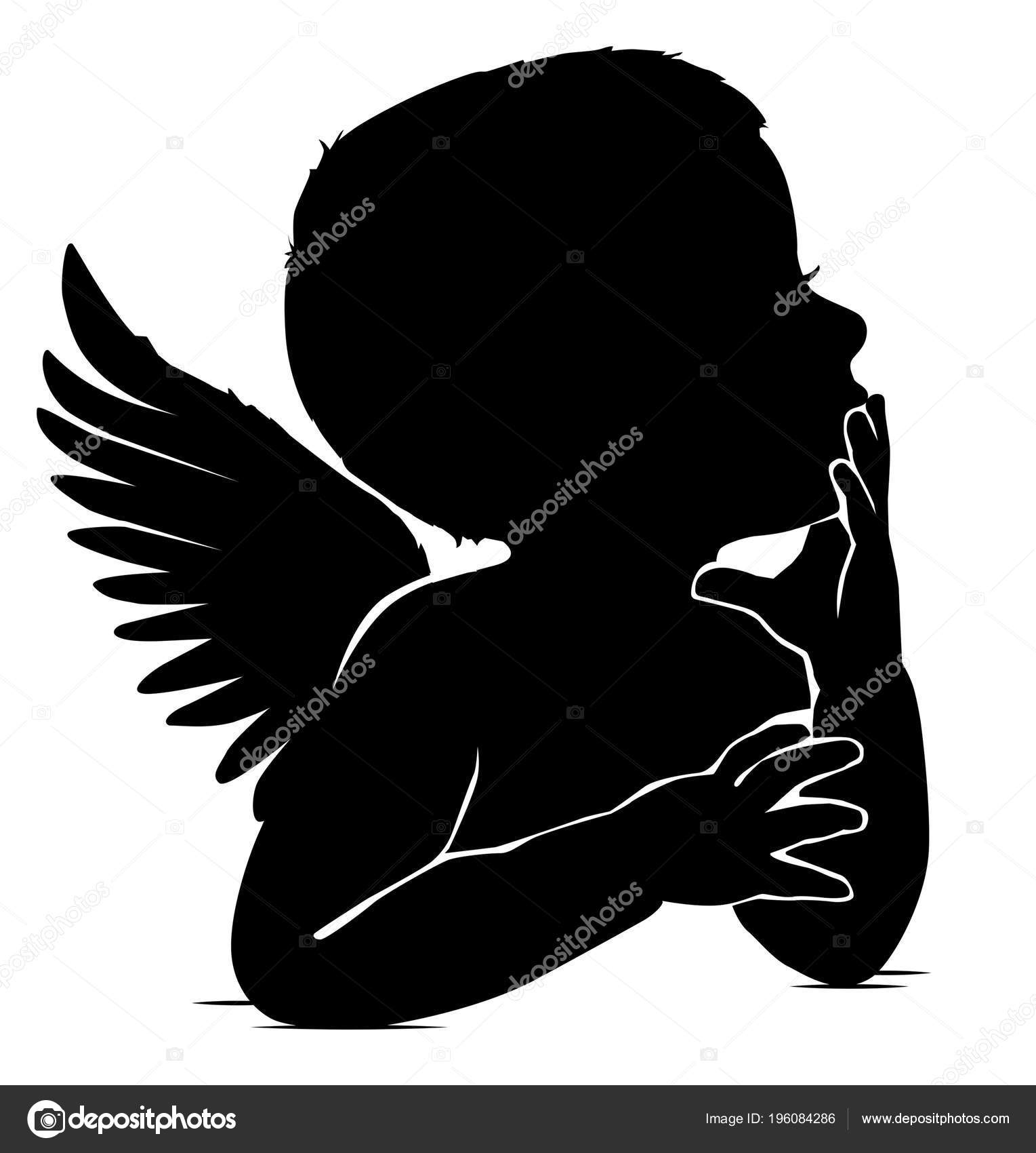 Black White Silhouette Baby Angel Thinks Leaning His Hand His Stock Vector Image By C Pinkkoala