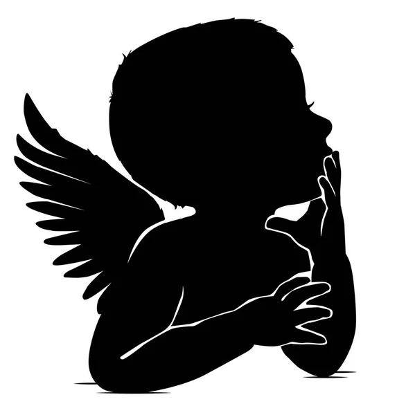 Black White Silhouette Baby Angel Thinks Leaning His Hand His — Stock Vector