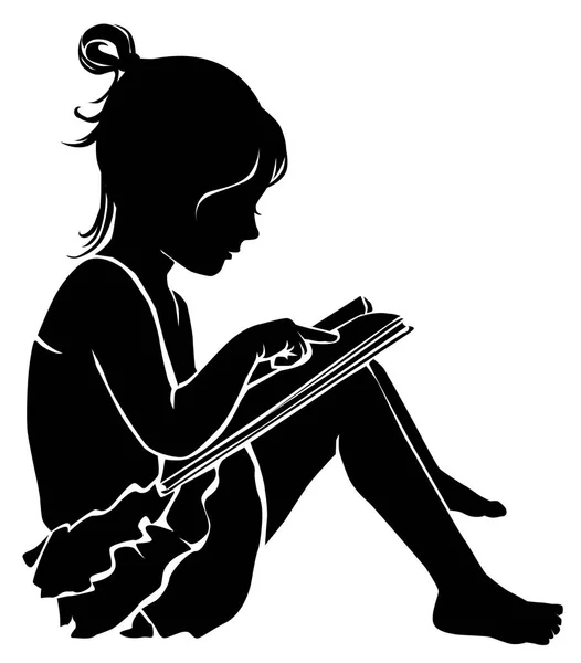 Siyah Beyaz Siluet Sevimli Küçük Kız Kitap Okuma — Stok Vektör