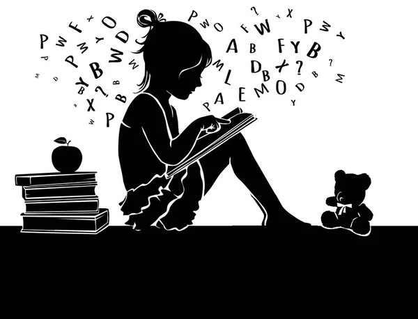 Siyah Beyaz Siluet Sevimli Küçük Kız Oyuncak Ayı Ile Kitap — Stok Vektör