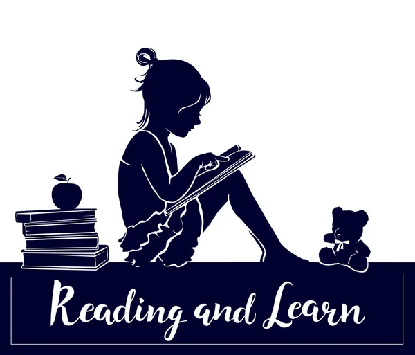 Sevimli Küçük Kız Okuma Kitabı Siluet Işareti Öğrenmek — Stok Vektör
