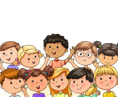 Parlak şirin çocuk grubu mutlu bir şekilde ellerini dalga