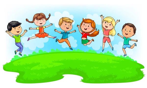 Niños Lindos Brillantes Saltando Prado Verde Cielo Azul — Vector de stock