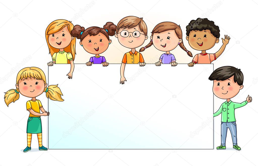 Bright funny kids holding blank banner for your text