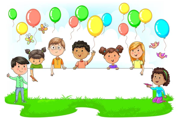 Heldere Schattige Kinderen Houden Van Lege Feestelijke Banner Gekleurde Ballen — Stockvector